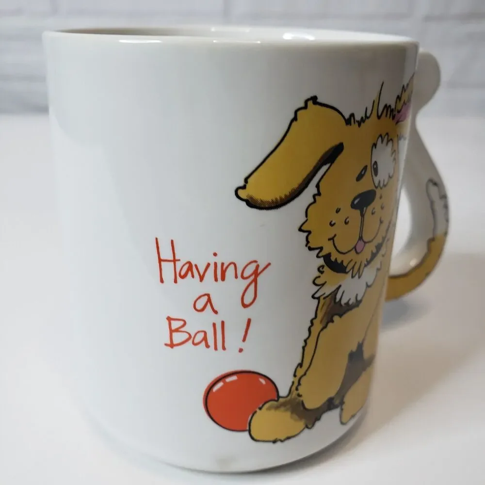 Vintage 1980s Whimsical Dog Mug Having A Ball Tail Handle Japan Excellent